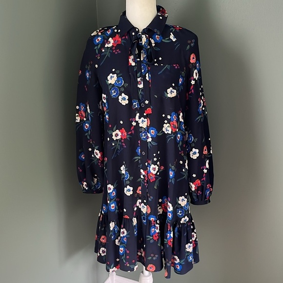 Tory Burch Gabrielle Silk Drop Waist Blue Pansy Floral Shirt Dress Blue - Picture 2 of 14
